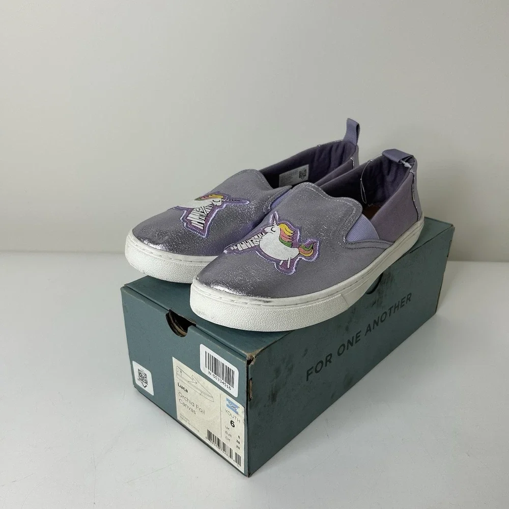 TOMS Shoes Girls 6 Orchid Foil Unicorn Canvas Luca Slip-Ons Lilac Purple Sparkle